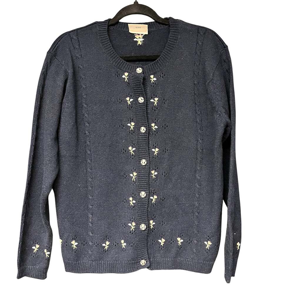 vintage Med women's navy blue button down cardigan sweater embroidered flowers